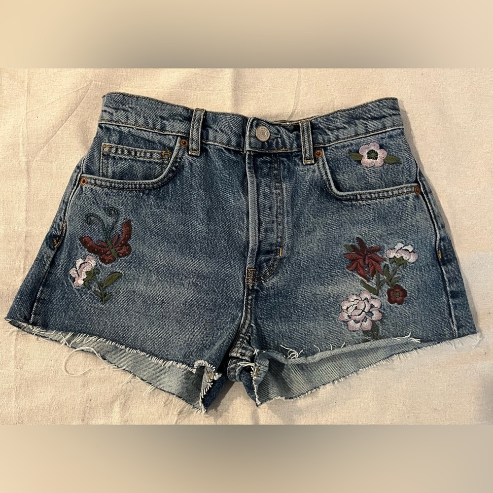 REFORMATION High Rise Floral Embroidered Jean Shorts